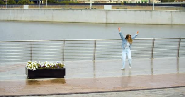 Happy Young Woman Dancing While Walking Embankment She Listening Music — Video Stock