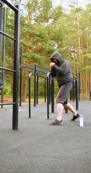 Middle Aged Man Outdoor Workout Shadow Boxing Exercise Full Length — Video