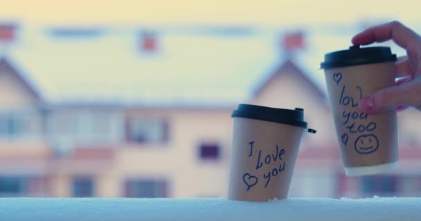 Love You Love You Too Male Hand Puts Glass Coffee — Vídeos de Stock