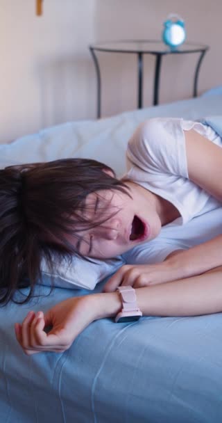 Year Old Girl Sleeps Yawns Straightening Her Blanket Slow Motion — Stockvideo