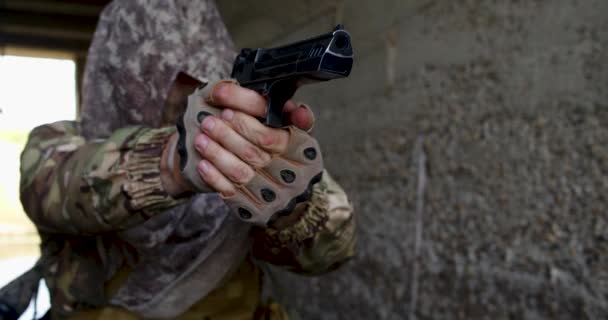Mercenary Soldier Shooting His Handgun Special Operation Killing Enemy Underground — Stock videók