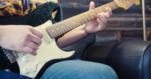 Close View Middle Aged Man Plays Electric Guitar Hands Close — 图库视频影像