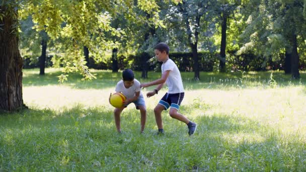 Footage Two Asian Boys Playing Ball Outdoor Preteen Brothers Playing — ストック動画
