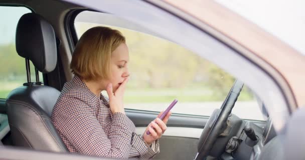 Year Old Woman Receives Message While Driving Car Becomes Insanely — Stockvideo