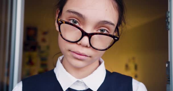 Serious Smart Years Old Schoolgirl Adjusts Her Eyeglasses Looking Camera — 비디오