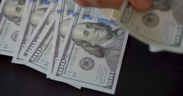 Counting Money Top View Large Bundle Hundred Dollar Bills Slow — Vídeo de Stock