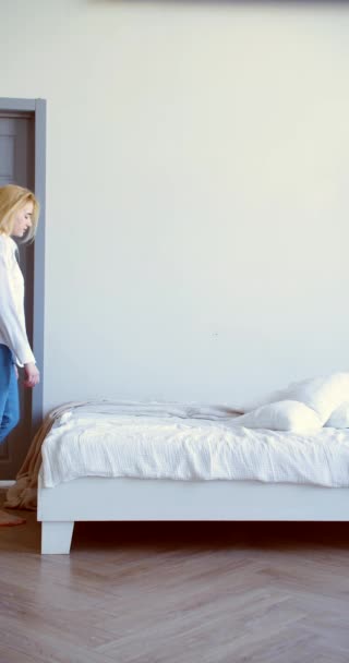 Vertical Video Young Woman Falling Bed Feeling Tired Stressed Tired — Wideo stockowe