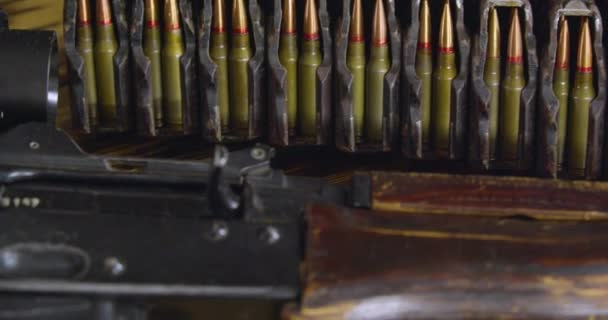 Camera Moving Ammo Kalashnikov Assault Rifle Preparation Battle Slow Motion — Stock Video