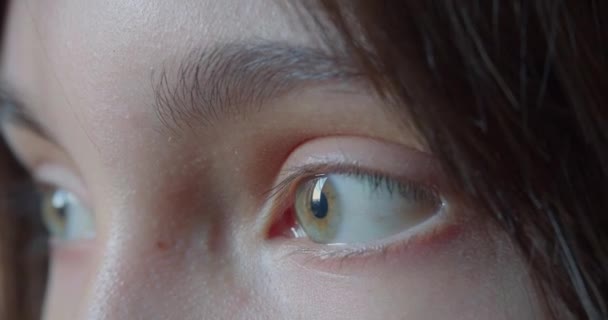 10代の少女の目を閉じます 女の子はコンピュータのモニターの前に座って 指で疲れた目をこすります 健康的なビジョンの概念 60Fps 4K映像 — ストック動画