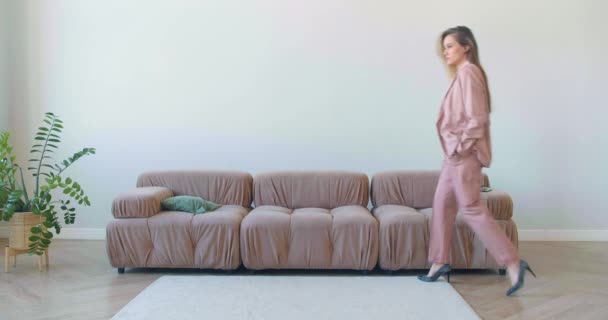 Burnout Concept Extremely Tired Businesswoman Comes Sits Sofa She Drops — Stock Video