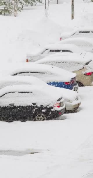 Медленное Движение Кадры Заснеженных Автомобилей Время Снежной Бури Качающийся Воздух — стоковое видео