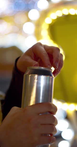 Close Female Hands Opening Aluminium Can Energy Drink Festive Nightlife — Stock Video