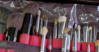 Kamera, profesyonel makyaj fırçaları seti boyunca hareket ediyor. Yavaş çekim 4k görüntü.