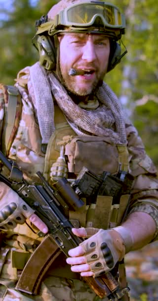 Smoking Modern Mercenary Soldier Bearded Middle Aged Man Military Ammunition — Stock Video