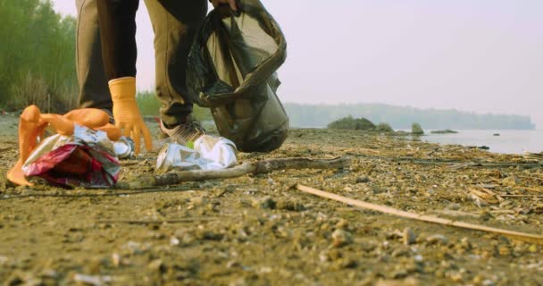 Sorge Für Die Umwelt Müll Seeufer Mit Einer Plastiktüte Reinigen — Stockvideo