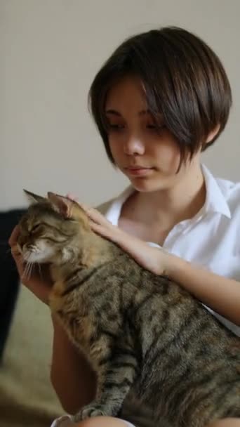 10代の少女が家で猫を撫でていた ペットへの愛と愛情 25Fps垂直4K映像 — ストック動画