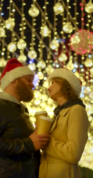 Close Vertical Video Loving Middle Aged Couple Embracing Street Christmas — Stock Video
