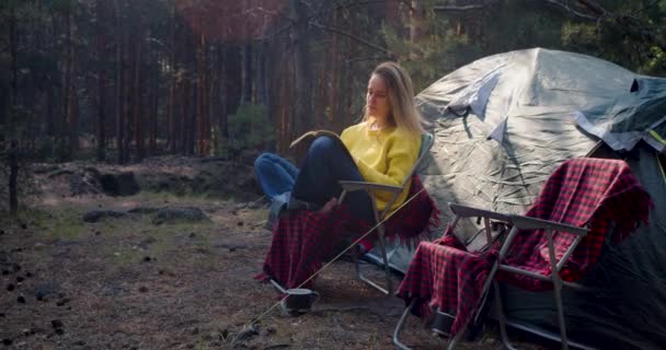 Akıl Sağlığına Giden Yol Olarak Doğa Çam Ormanının Yakınındaki Çadırda — Stok video