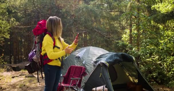 Young Woman Tent Pine Forest She Raises Her Smartphone Looking — Stock Video