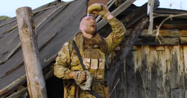 Soldier Washes His Face Pouring Water Flask His Face Stress — Stock Video