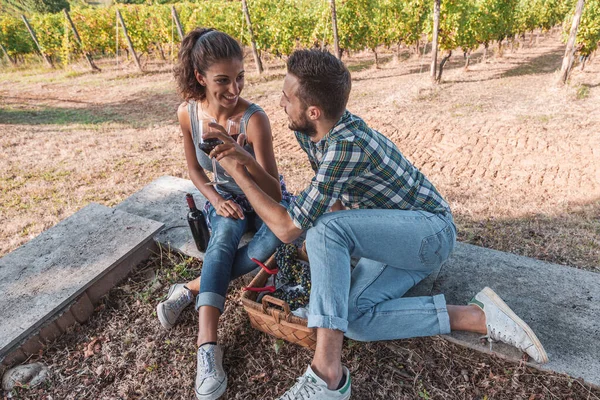 ブドウ畑に座っているガラスのタンブラーから赤ワインを試飲する若いワインメーカーのカップル — ストック写真