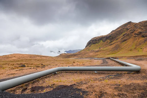 Geothermal Energy Pipelines Running Desert Hills Iceland Sustainable Clean Energy — Stock Photo, Image