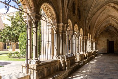 Tarragona İspanya 'nın Santa Maria Katedrali' nin iç avlusundan duvarların manzarası.