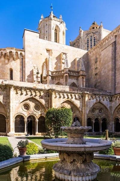 view of the walls from the inner courtyard of the cathedral santa maria of tarragona spain