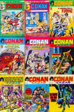 CREMONA, ITALY - SEPTEMBER 2023 İtalyan Conan çizgi roman serisinin orijinal ilk baskı koleksiyonu - 1975 'te John Buscema tarafından 19' dan 31 'e kadar basıldı.