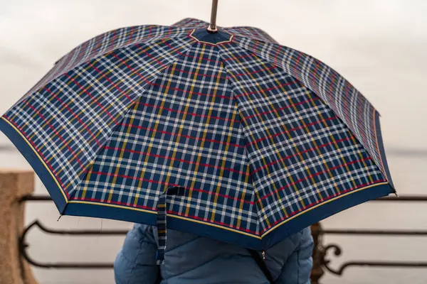 Attractive Middle Aged Woman Sitting Rain Umbrella Front Lake Maggiore — Stock Photo, Image