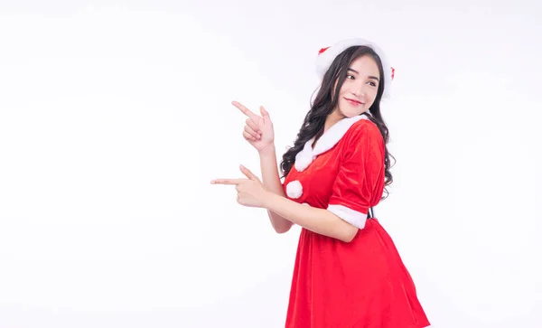 Joyeuse Surprise Asiatique Femme Porter Père Noël Robe Avec Chapeau — Photo