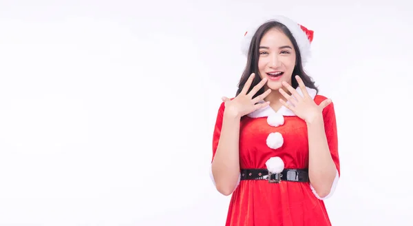 Femme Asiatique Excitée Porter Père Noël Rouge Chapeau Noël Tenant — Photo