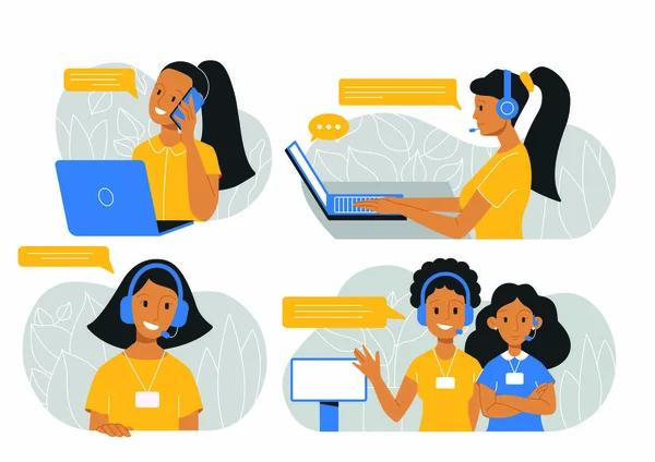 Vector concept illustration of managers working at office, taking orders and providing customer service. Smiling female agents in headphones working in call center. Vector character design. Online technical support.