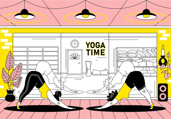 Two girls practicing yoga together in yoga class. Downward facing dog pose flat vector illustration. Women in gym. Young women doing fitness exercises, sport activity. Yoga time vector illustration. 