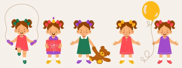 Set of funny cartoon little girls in various poses. Vector flat illustration. character design. Girl jumping rope and having fun illustration.