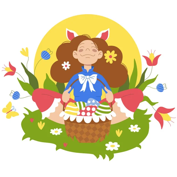 Happy Easter flat vector illustration. Smiling girl with an easter basket sitting on the grass. Spring colorful illustration with flowers, easter eggs, sun and cute woman.  Easter holiday concept art.