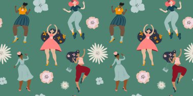 Seamless spring soft floral pattern with dancing girls. Easter flat vector pattern for fabric, textile, wrapping paper, cards ets. Spring flowers design. Dancing women ornament.