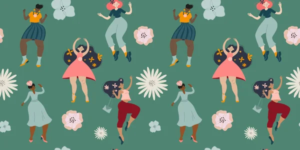 Seamless spring soft floral pattern with dancing girls. Easter flat vector pattern for fabric, textile, wrapping paper, cards ets. Spring flowers design. Dancing women ornament.