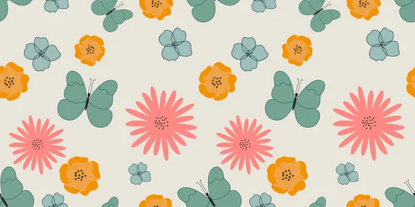 Seamless spring soft floral pattern. Easter flat vector pattern for fabric, textile, wrapping paper, cards ets. Spring flowers design. Vector print with cute flowers and butterflies.