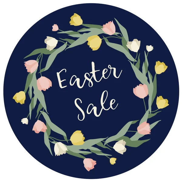 Vektör Paskalya Fiyatı çizimi. Paskalya satışı için çiçek çelengi. Beyaz, kırmızı ve sarı laleli fiyat tabelaları koyu mavi arka planda. Şirin vektör çiçek etiketi.