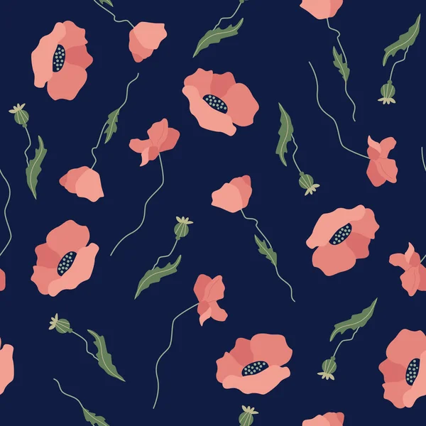 Kusursuz yaz çiçekleri deseni. Kumaş, tekstil, ambalaj kağıdı ve kartlar için yaz düz vektör deseni. Haşhaş çiçeği tasarımı. Koyu mavi arkaplanda kırmızı gelincikler.