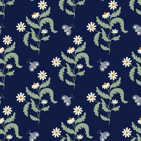 Kusursuz yay yumuşak çiçek deseni. Kumaş, tekstil, ambalaj kağıdı ve kartlar için yaylı düz vektör deseni. Daisy çiçek tasarımı. Şirin papatyalar ve koyu mavi arka planda mavi kelebekler..