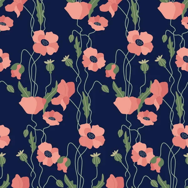 Kusursuz yaz çiçekleri deseni. Kumaş, tekstil, ambalaj kağıdı ve kartlar için düz vektör deseni. Haşhaş çiçeği tasarımı. Koyu mavi arkaplanda kırmızı gelincikler.