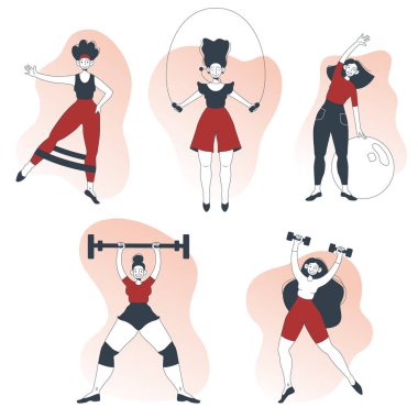 Set of cute girls doing fitness workout. Fitness, Sport center, Healthy lifestyle, Workout concept. Women training. Vector illustration for poster, banner, website, placecard, flyer. Set in red, dark blue and pink colors. 