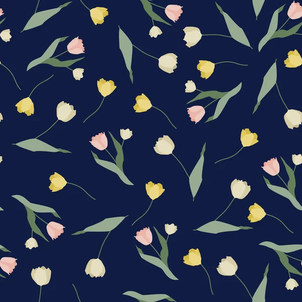 Kusursuz yay yumuşak çiçek deseni. Kumaş, tekstil, ambalaj kağıdı ve kartlar için yaylı düz vektör deseni. Lale çiçeği tasarımı. Koyu mavi arkaplanda renkli laleler.