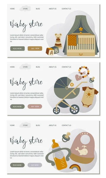 Bebek mağazası, bebek ürünü, çocuk mağazası için web sayfaları. Pankart, poster, web sitesi, reklam için vektör illüstrasyonu. Yeni doğmuş nesnelerle şirin düz çizim.