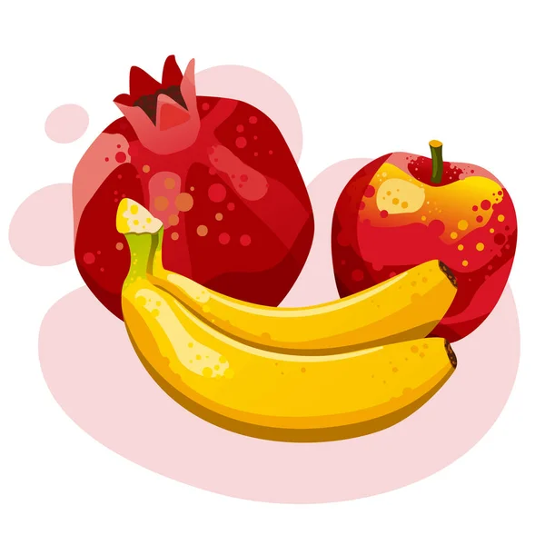 Σύνολο Πολύχρωμα Καλοκαιρινά Φρούτα Ροζ Φόντο Εικονογράφηση Διάνυσμα Μπανάνες Μήλο — Διανυσματικό Αρχείο