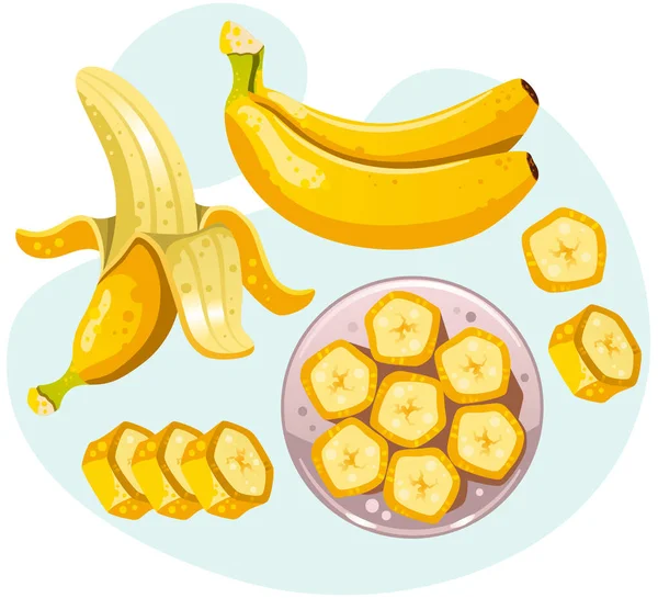 Mavi arka planda renkli muzlar. Tabağında dilimlenmiş muz olan vektör çizimi. Açık muz. Sağlıklı gıda sanatı. Poster, afiş, web sitesi, yer kartı, broşür için vektör illüstrasyonu. Sarı meyveler.
