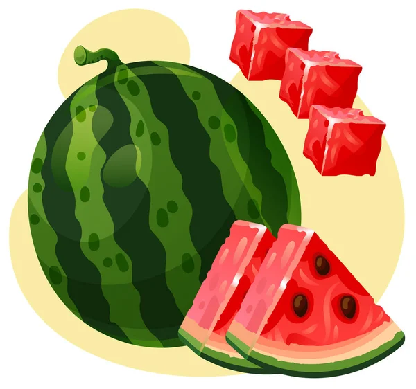 Set Von Bunten Wassermelone Auf Gelbem Hintergrund Vektorillustration Mit Scheiben — Stockvektor