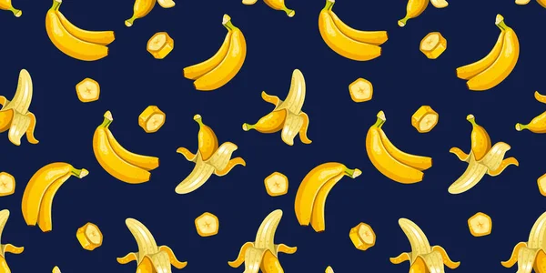 Colorful bananas on dark blue background pattern. Fruits vector pattern for fabric, textile, wrapping paper, cards ets. Healthy food design. Vector print illustration with sliced bananas. Opened banana.